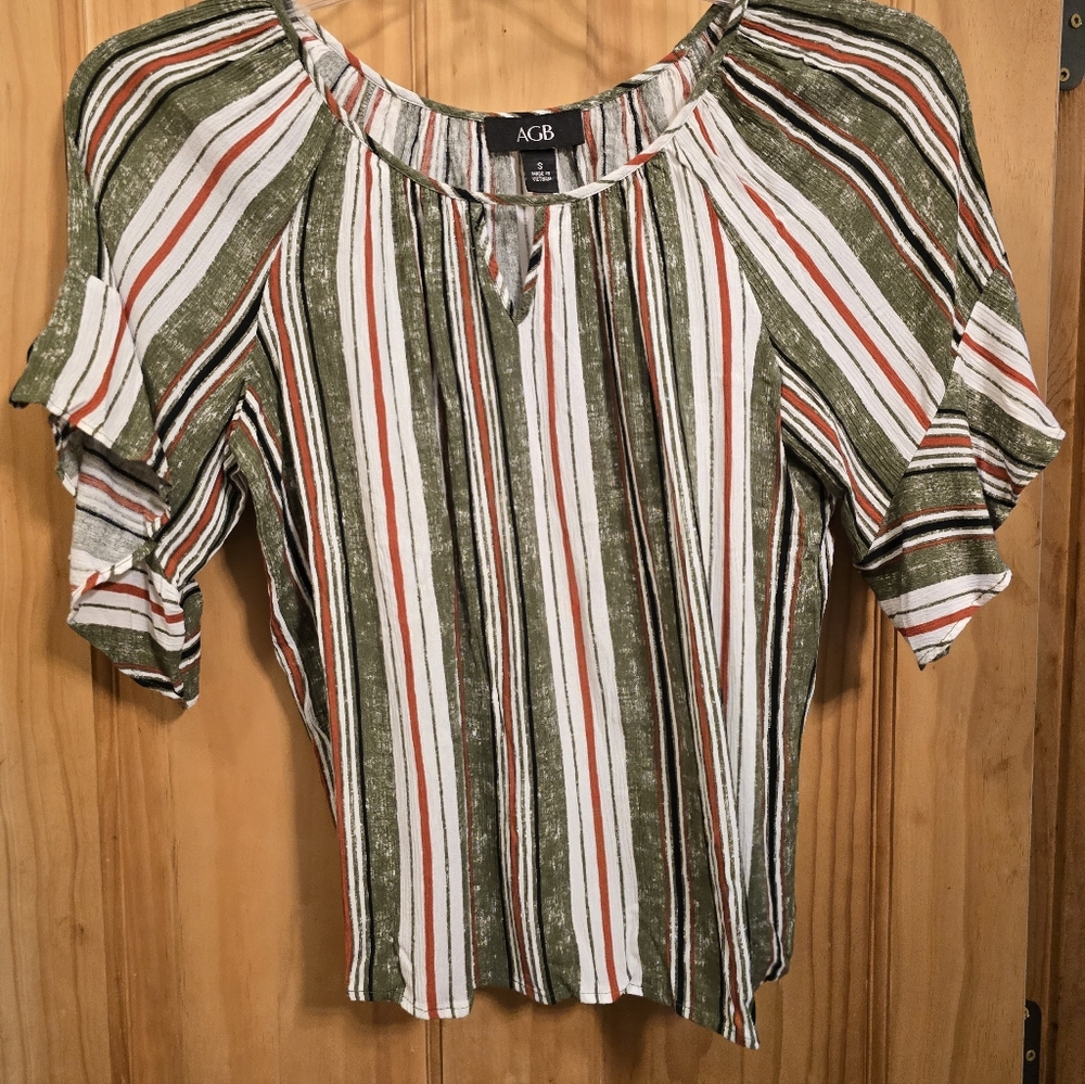 AGB Small Women's Striped Green Red and White Top